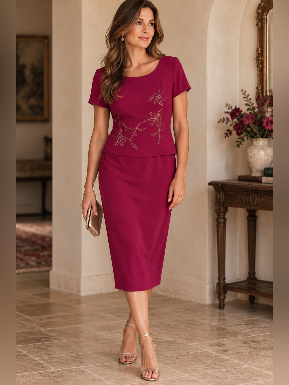 Donna Morgan Elegant Raspberry Short Sleeve Midi Sheath Dress Layered Bodice 14